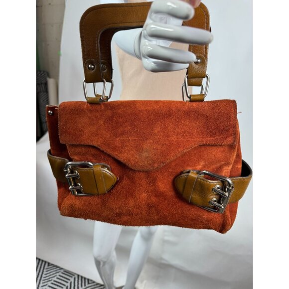 Vintage Rust Suede Handbag With Brown Leather Handles & Buckle Accents - Picture 13 of 16